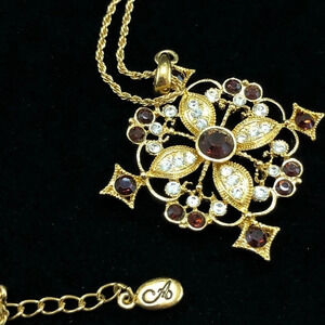 Accessorize Gold Tone Long Medallion Necklace Red